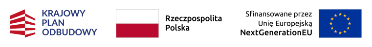 Logotyp Krajowego Planu Odbudowy po lewej, flaga Polski pośrodku oraz flaga Unii Europejskiej po prawej, na czarnym tle