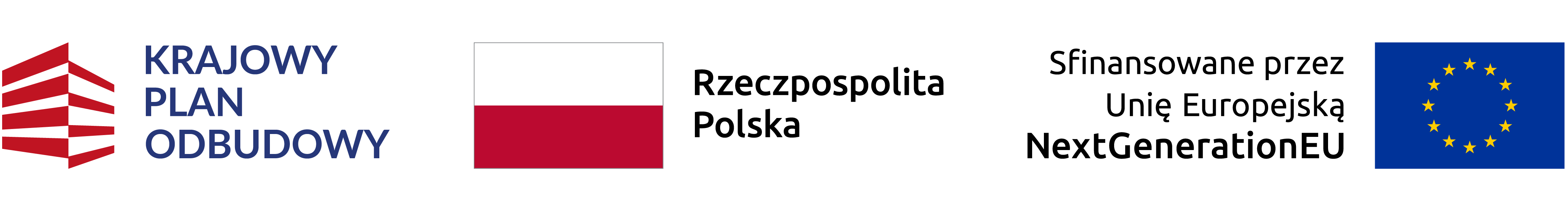 Ciąg logotypów programu finansowania. Po lewej czerwono-granatowe logo Krajowego Planu Odbudowy z napisem „KRAJOWY PLAN ODBUDOWY”. Pośrodku flaga Polski i napis „Rzeczpospolita Polska”. Po prawej napis „Sfinansowane przez Unię Europejską NextGenerationEU” oraz flaga Unii Europejskiej